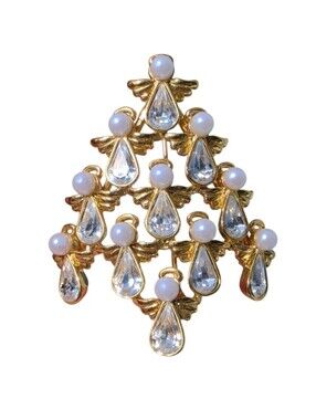Vintage Butler & Wilson BW Signed Angel Christmas Tree Brooch Pearl Rhinestone